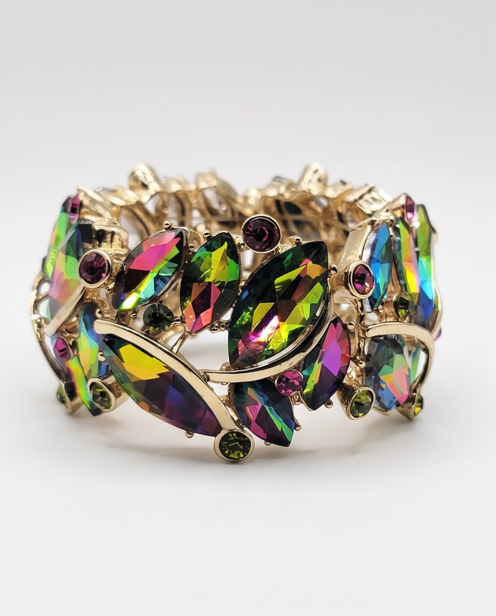 Multicolor Aurora Borealis Rhinestone Stretch Bracelet Gold Tone - Picture 5 of 10
